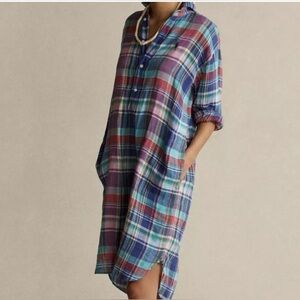 Polo Ralph Lauren Plaid Button-Up Linen Shirt Dress Colorful